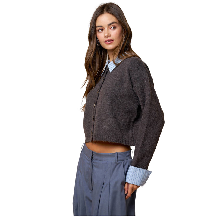 Stripe Trim Button Down Sweater Cardigan (PREORDER)
