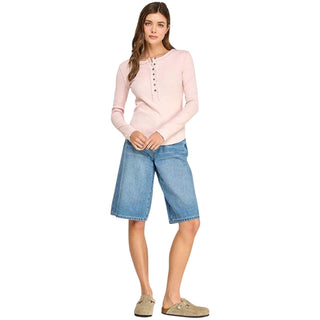 Pink Washed Soft Ribbed Henley Long Sleeve Top