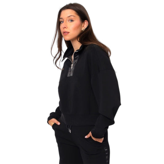 Soft Black Knit with Satin Trim Half Mock Zip Top