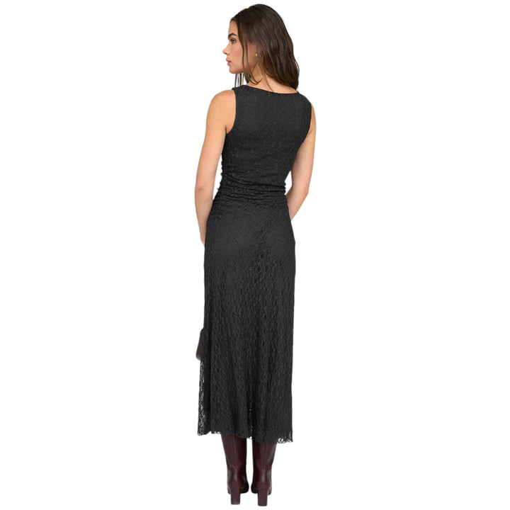 Black Lace Ruched Detail Tank Midi Dress
