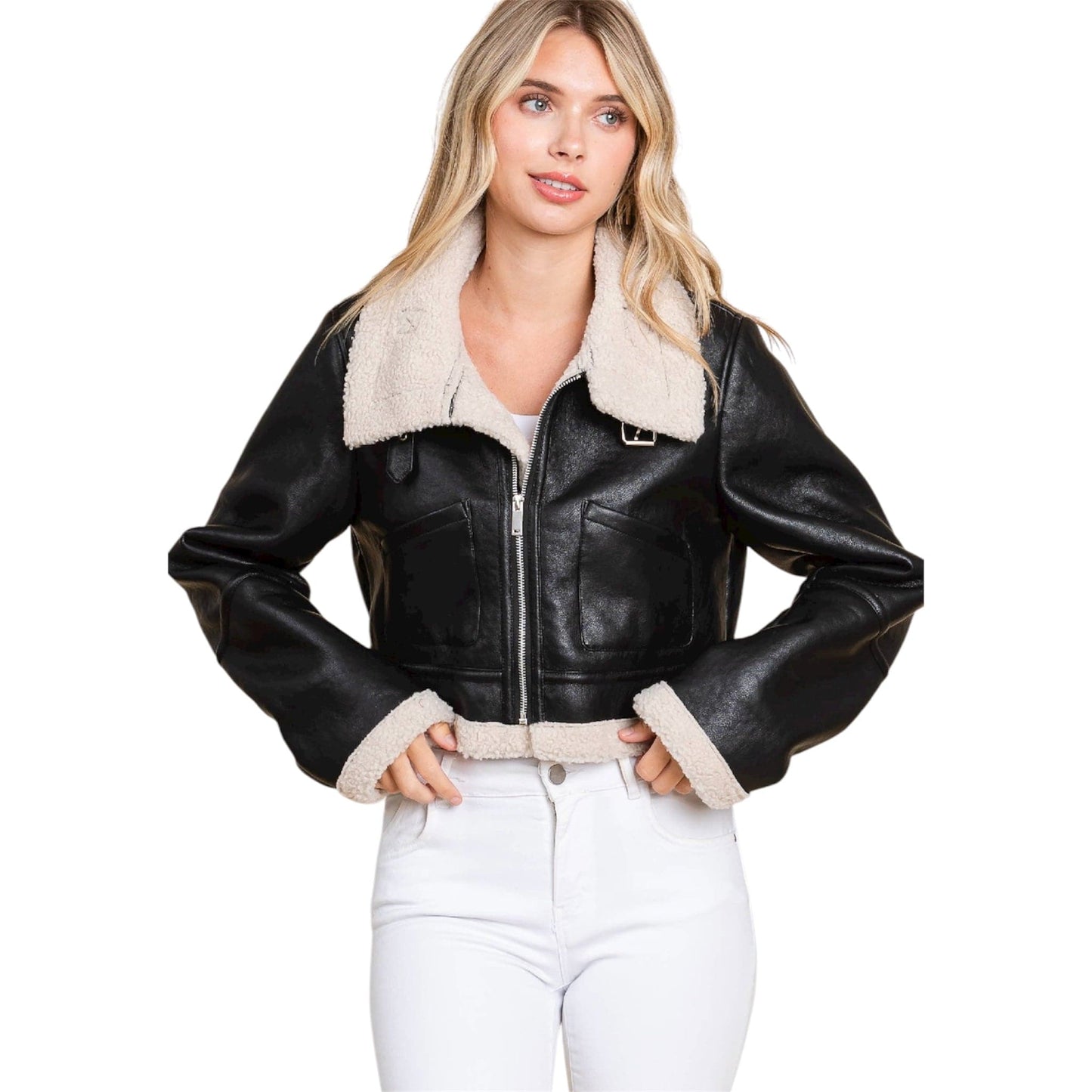 Black Faux Leather Sherpa Jacket