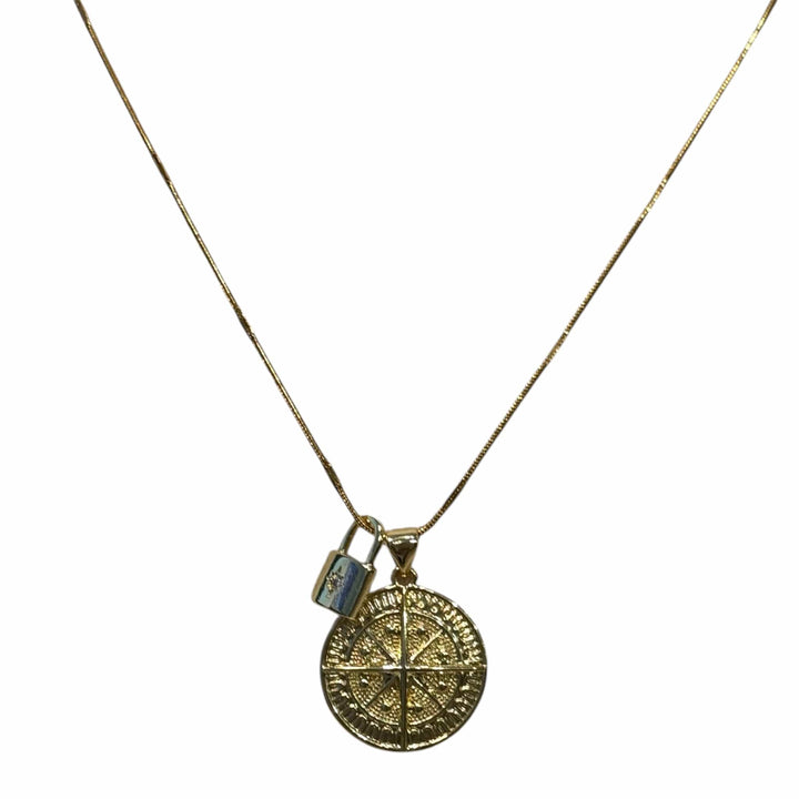Gold North Star Compass and Pad Lock Charm Pendant Necklace