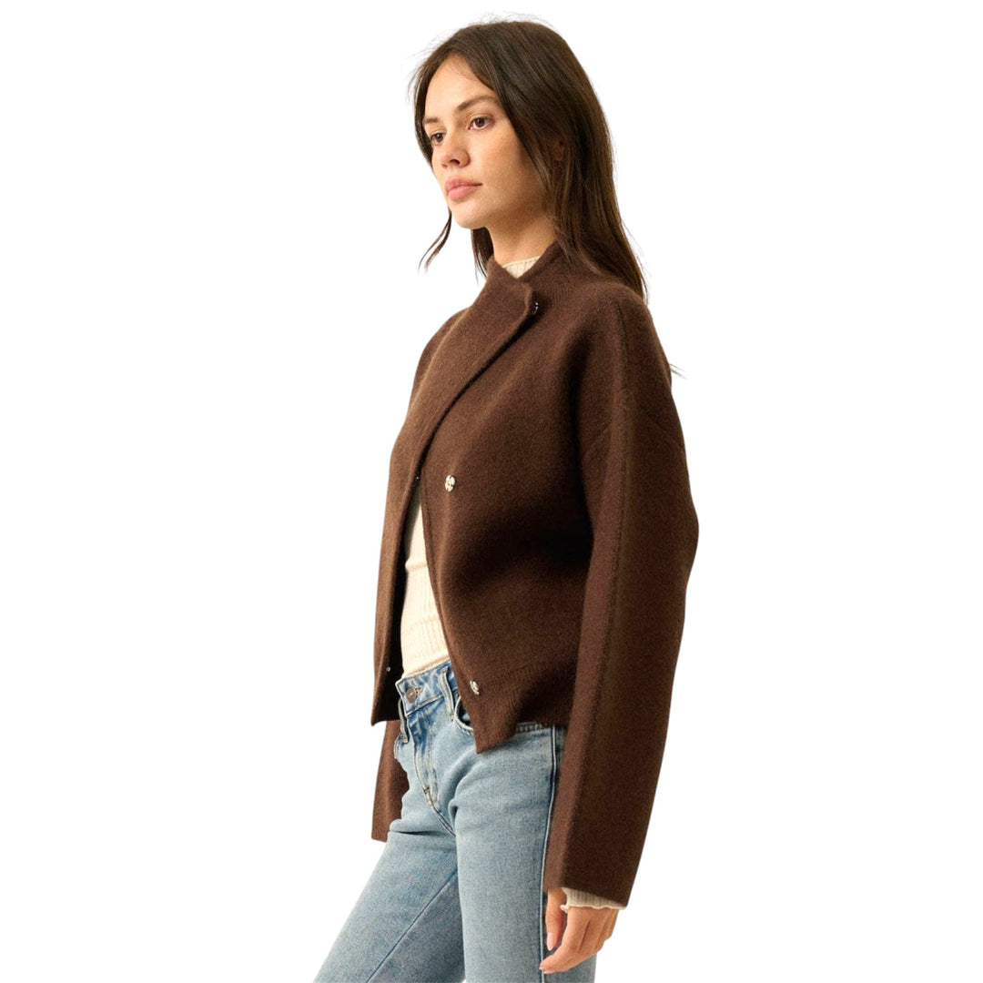 Brown Solid Knit Snap Front Wrap Sweater Jacket (PREORDER)