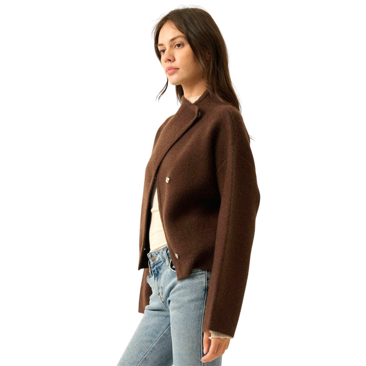 Brown Solid Knit Snap Front Wrap Sweater Jacket (PREORDER)