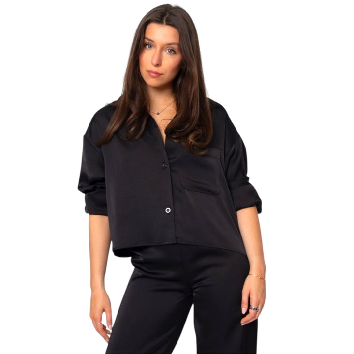 Black Silk Cropped Button Down Shirt