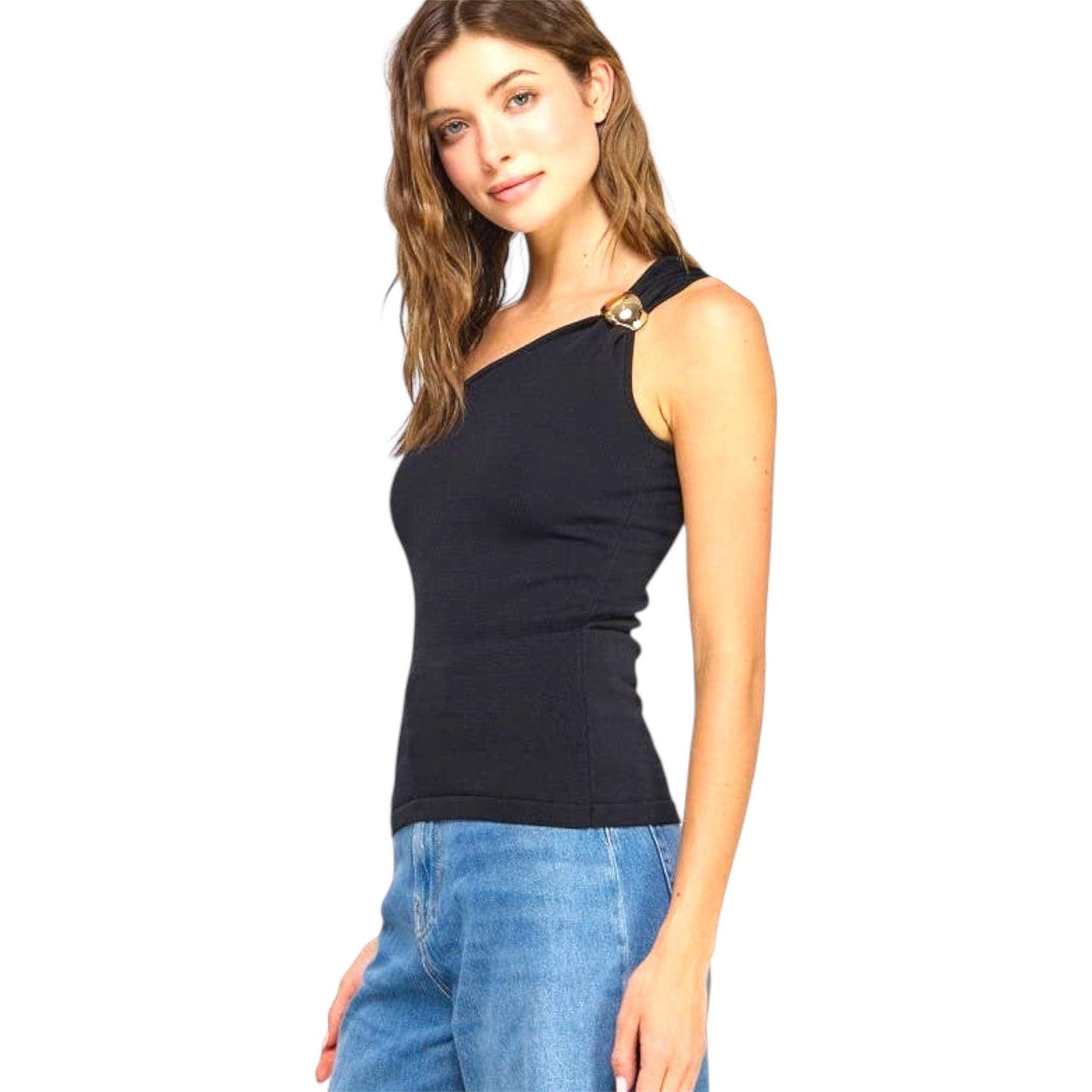 Black One Shoulder Top with Trim Detail
