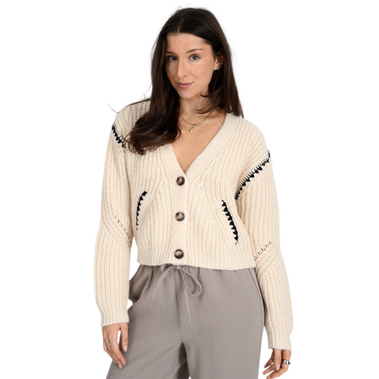 Long Sleeve V Neck Cardigan with Contrast Stitching in White Beach