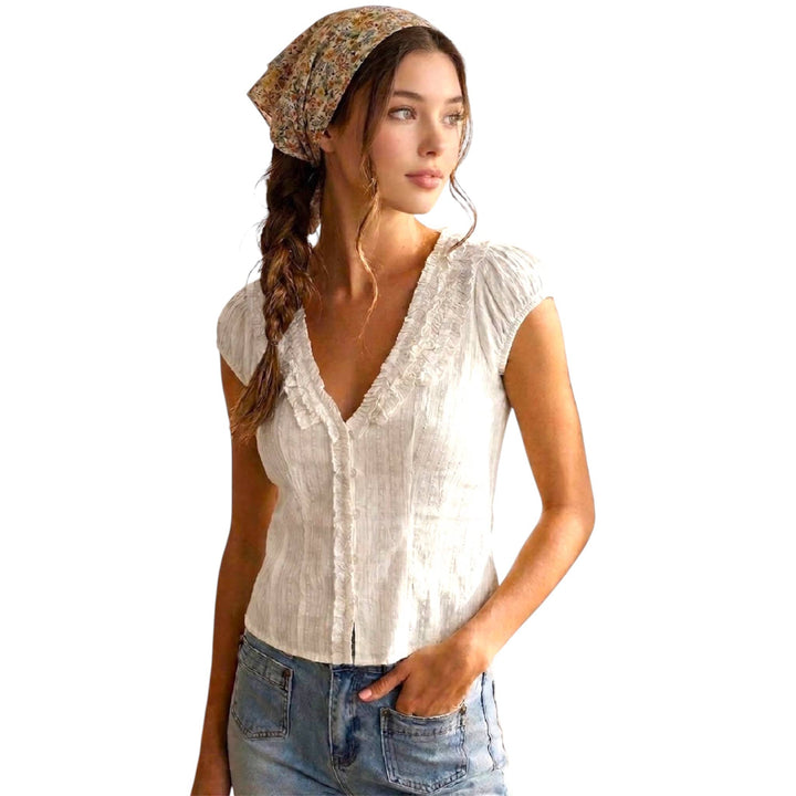 Off White Ruffle Trim V Neck Blouse