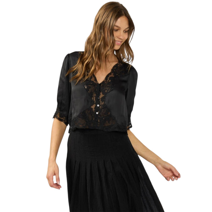 Black V-Neck Button Front Blouse with Lace Trim (PREORDER)