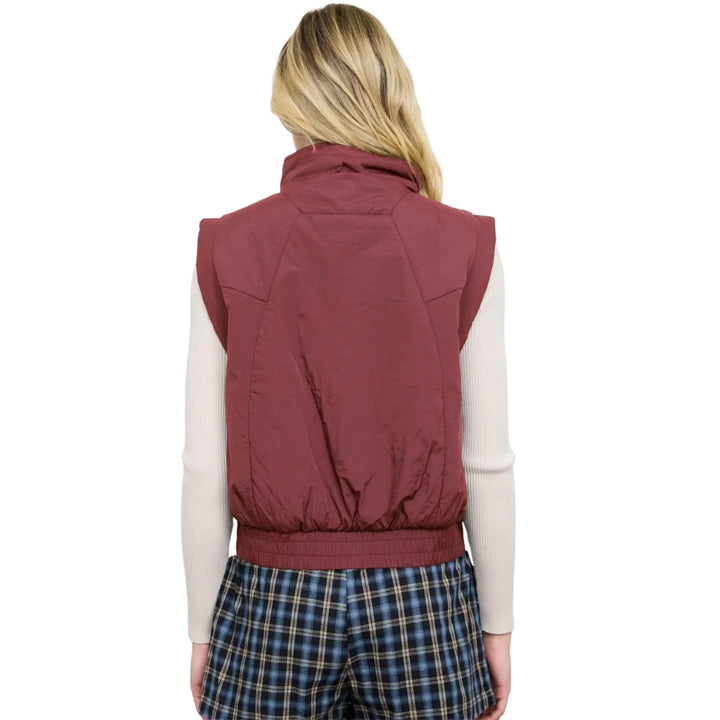 Burgundy Cropped Mock Neck Snap Puffer Vest