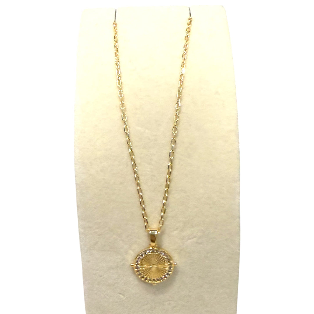 Clear CZ around radical line Round Coin Gold Charm Pendant Necklace