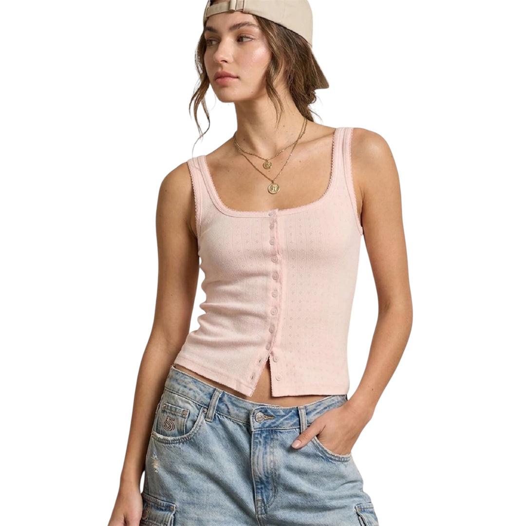 Pink Button Down Square Neck Tank Top