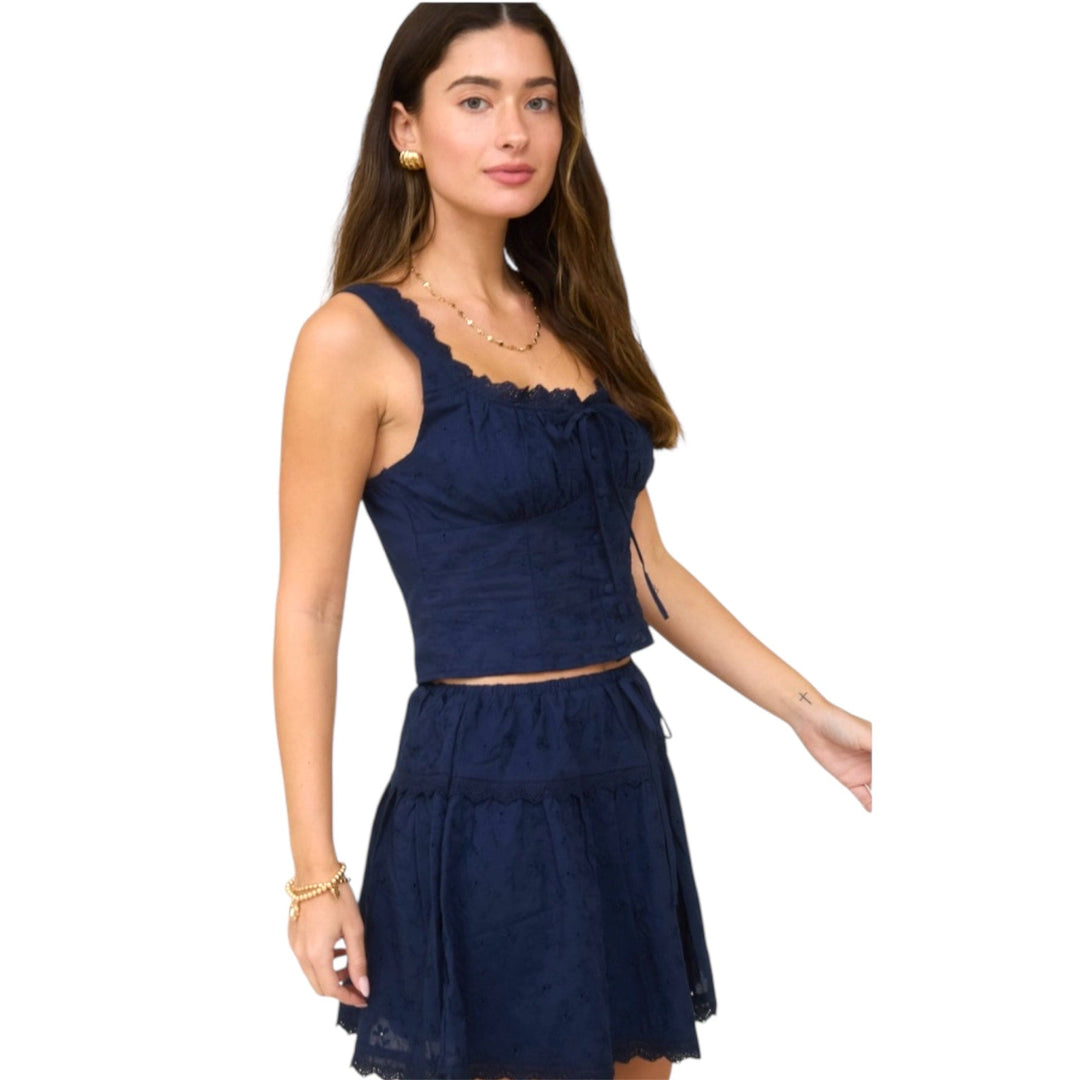 Navy Lace Trim Sleeveless Button Down Eyelet Top