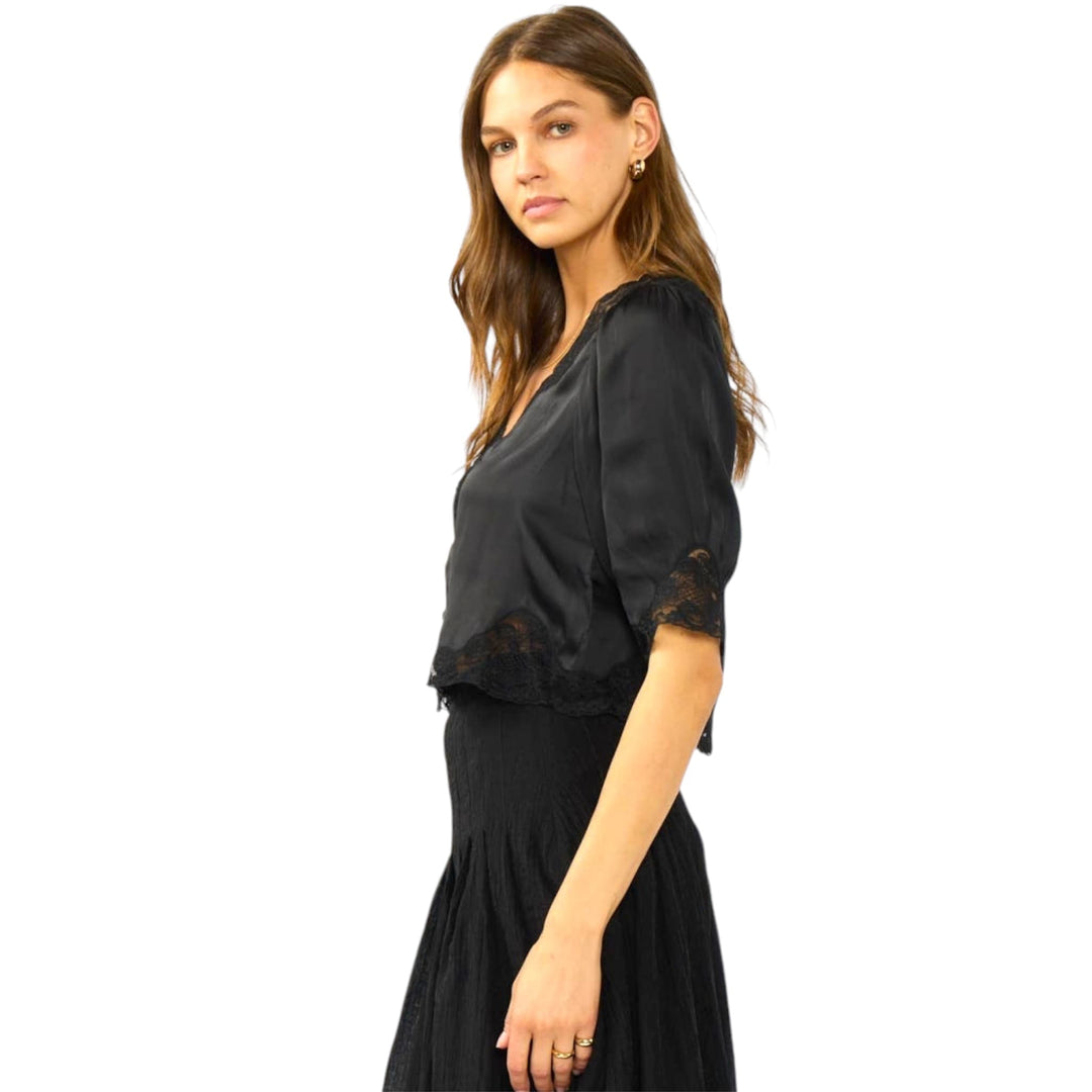 Black V-Neck Button Front Blouse with Lace Trim (PREORDER)