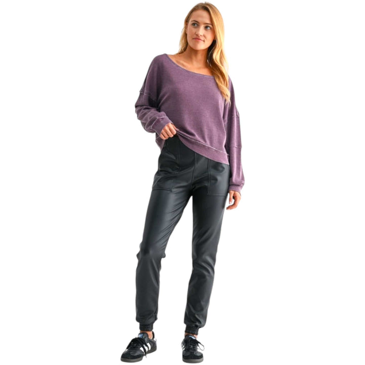 Raw Edge Waffle Off the Shoulder Dark Plum Pullover