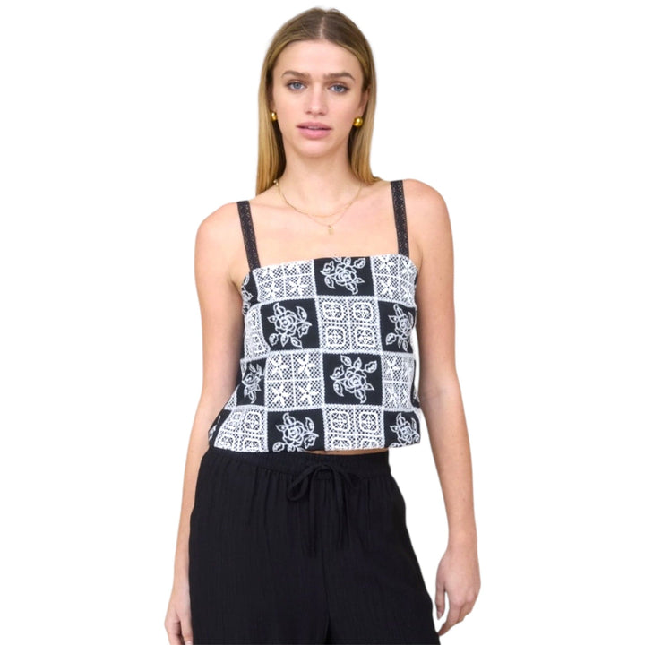 Black and White Embroidery Checkered Pattern Lace Spaghetti Top