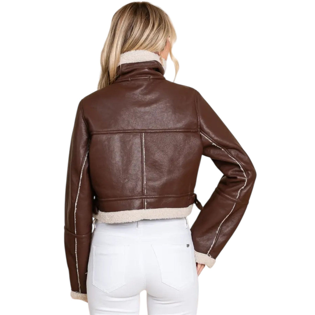 Brown Faux Leather Sherpa Jacket