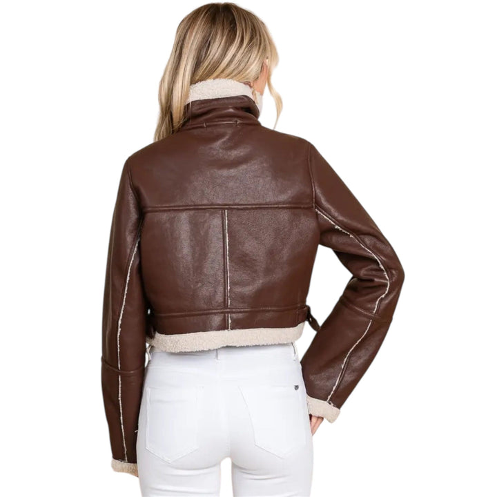 Brown Faux Leather Sherpa Jacket