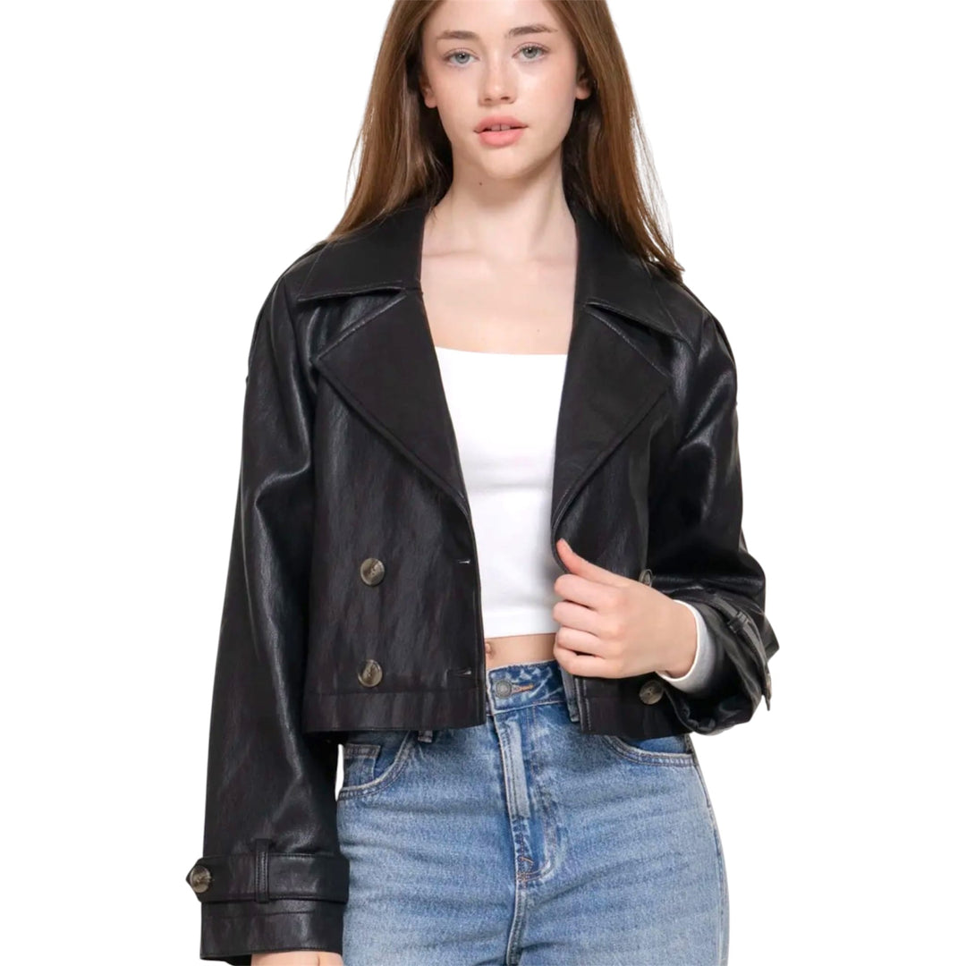 Black Faux Leather Short Trench Coat