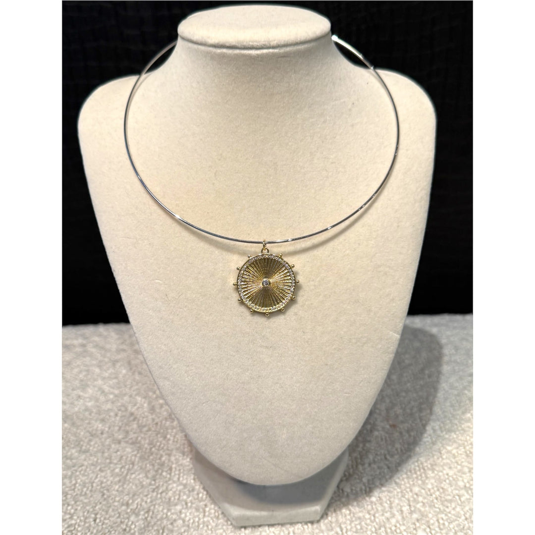 Radiant Circle Charm Pendant on Silver Wire Choker