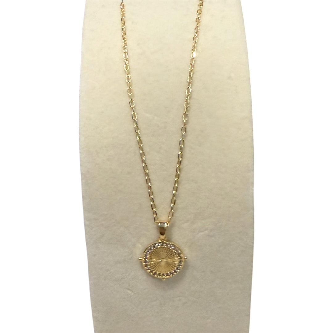 Clear CZ around radical line Round Coin Gold Charm Pendant Necklace