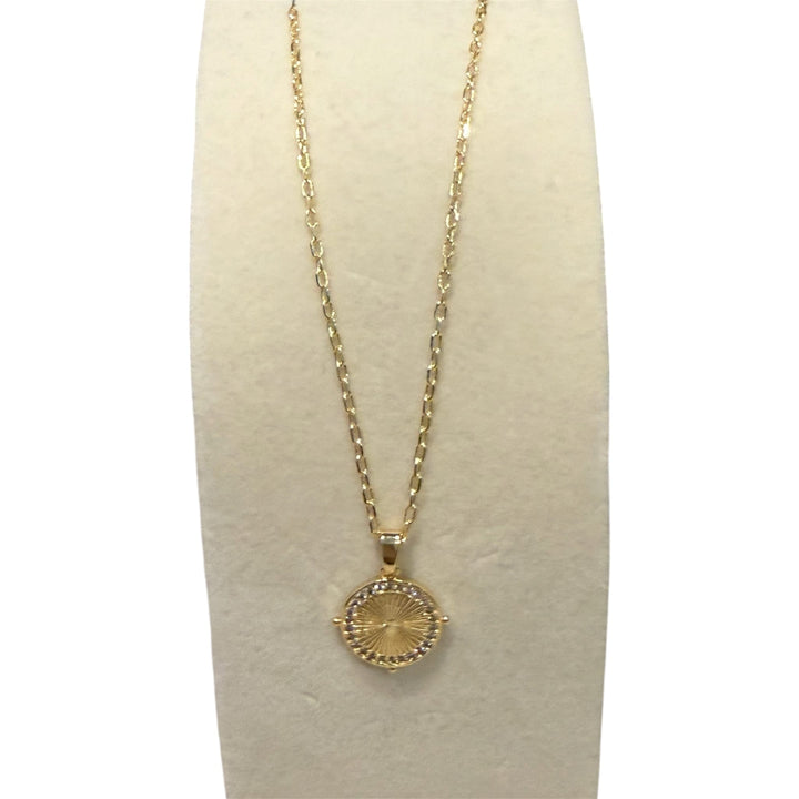 Clear CZ around radical line Round Coin Gold Charm Pendant Necklace