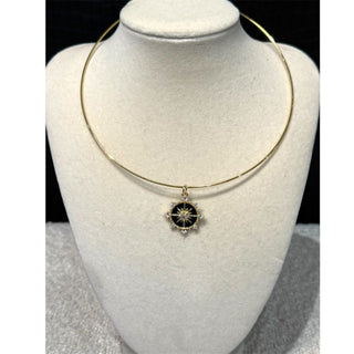 Black Celestial Compass Starburst Charm Pendant on Gold Wire Choker