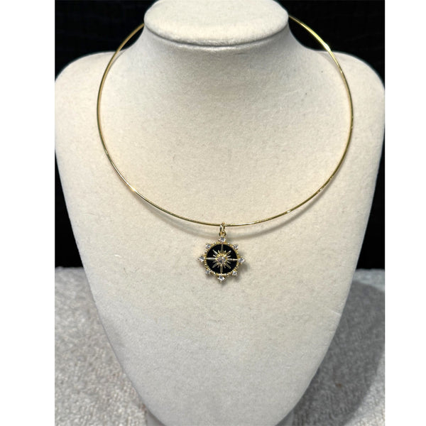 Black Celestial Compass Starburst Charm Pendant on Gold Wire Choker