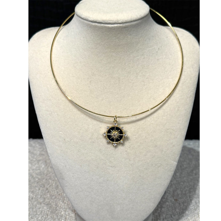 Black Celestial Compass Starburst Charm Pendant on Gold Wire Choker