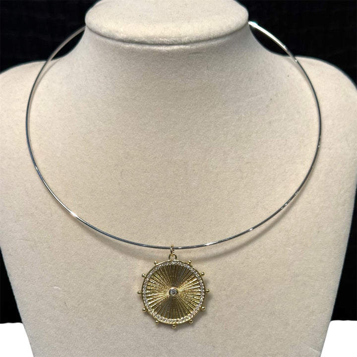 Radiant Circle Charm Pendant on Silver Wire Choker