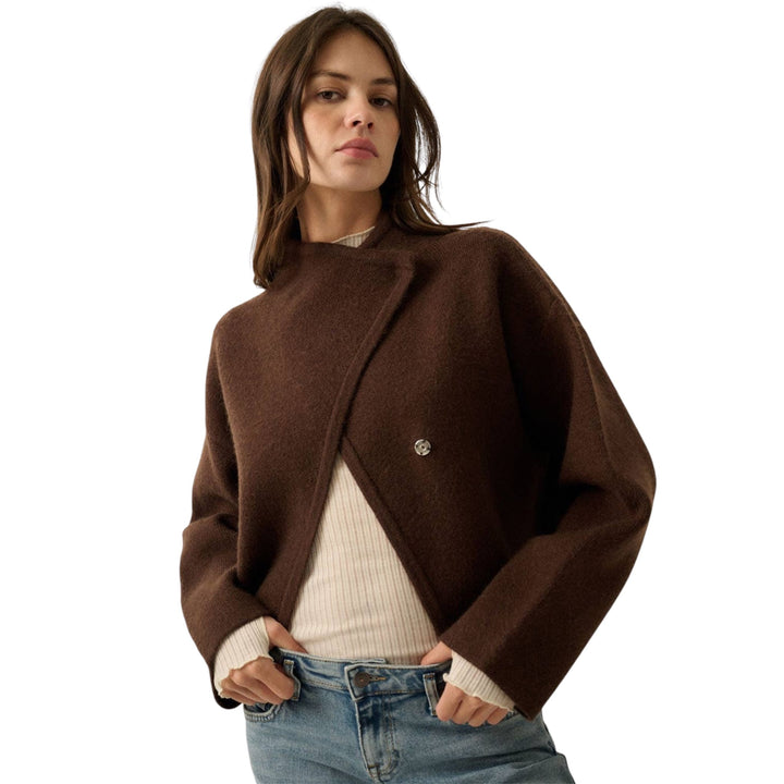 Brown Solid Knit Snap Front Wrap Sweater Jacket (PREORDER)