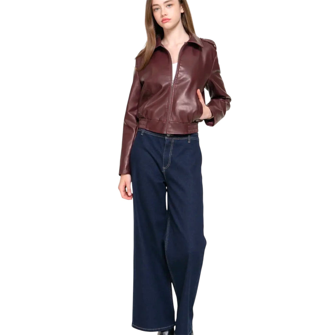 Burgundy Wash Effect Faux Leather Jacket