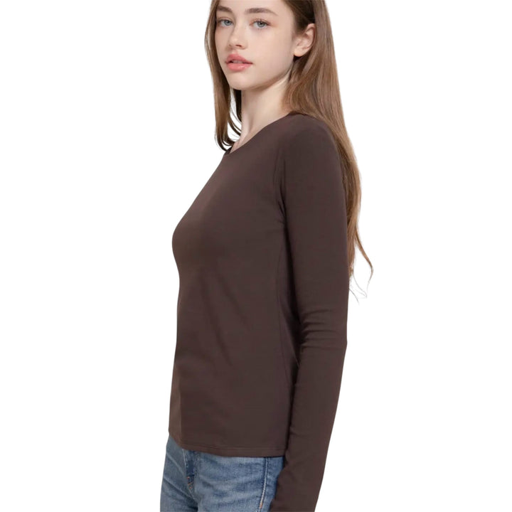 Brown Long Sleeve Round Neck Rib Knit Top