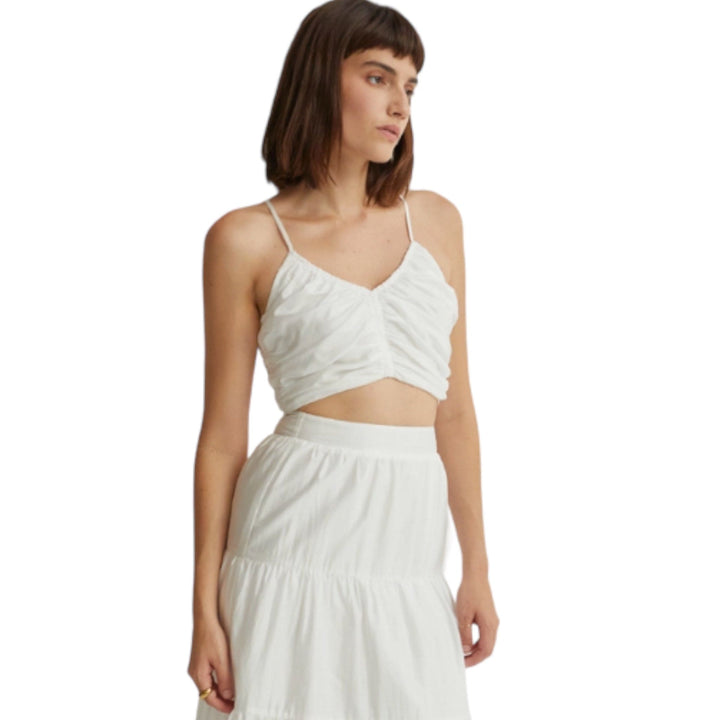 White Shirred Sweetheart Neck Crop Top