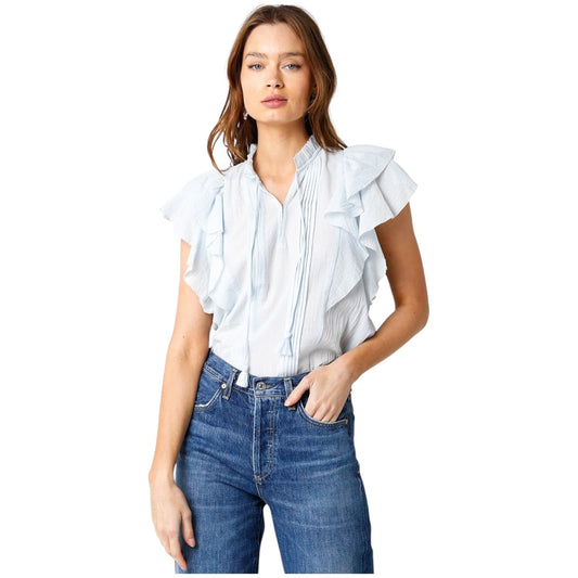 Baby Blue Blouse with Ruffle Shoulder Detail