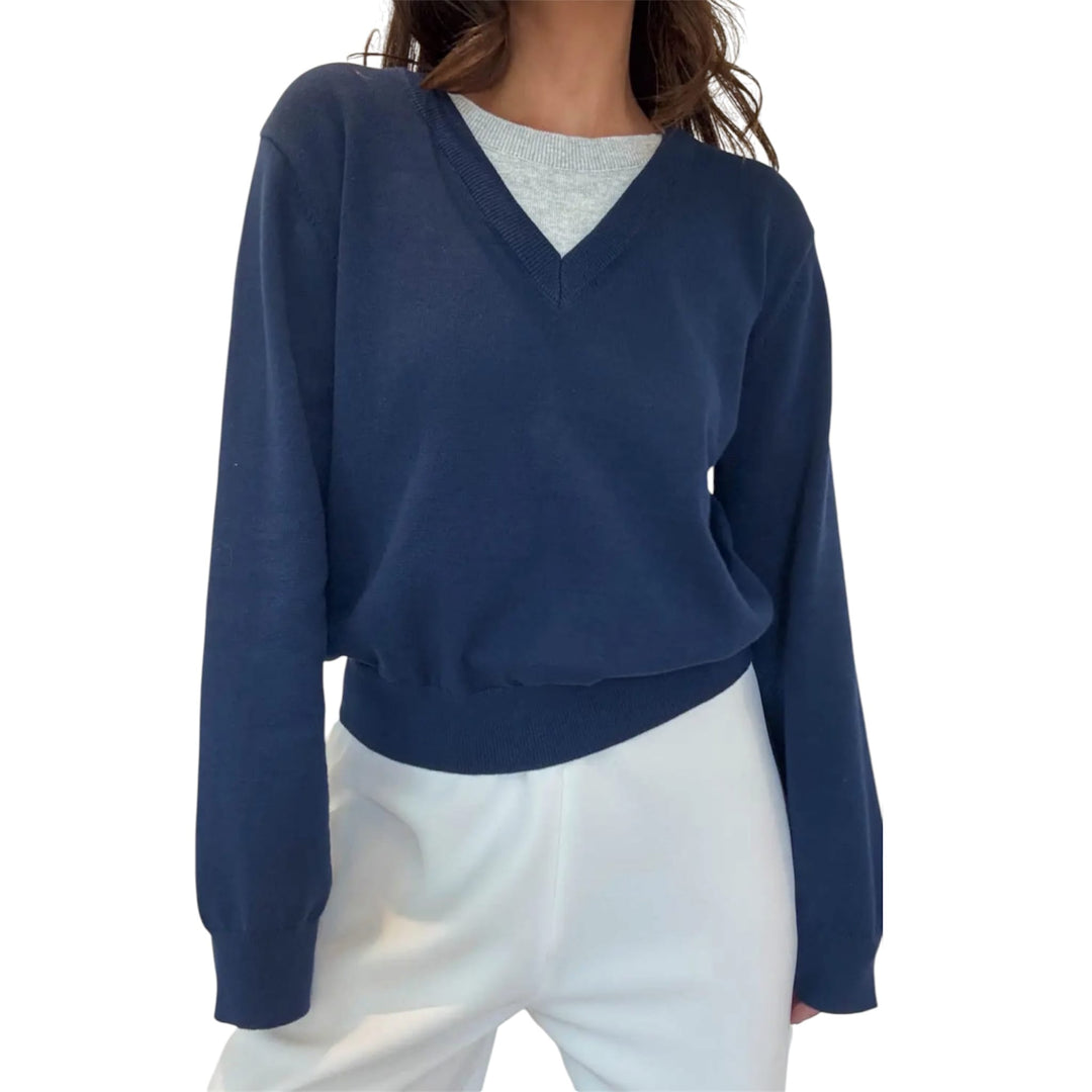Navy and Grey Mock Layered V-Neck Sweater