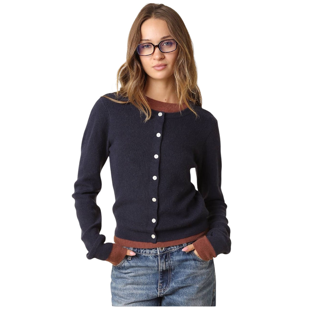Navy and Brown Contrast Layered Knit Cardigan