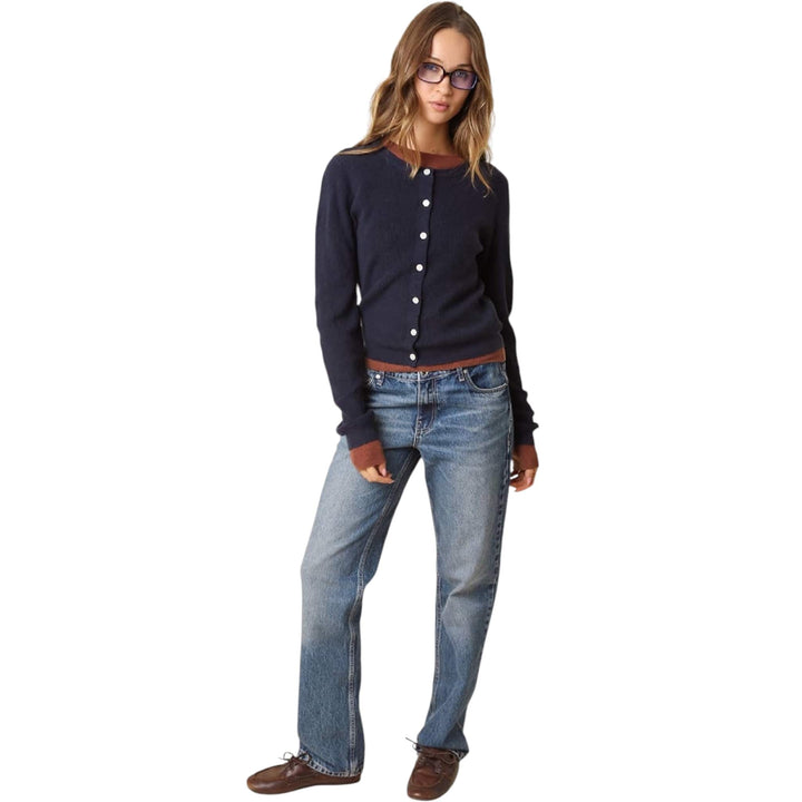 Navy and Brown Contrast Layered Knit Cardigan