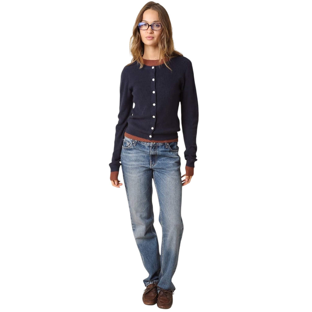 Navy and Brown Contrast Layered Knit Cardigan