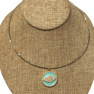 Gold CZ Light Green Enamel Evil Eye Round Coin Charm on Silver Wire Choker