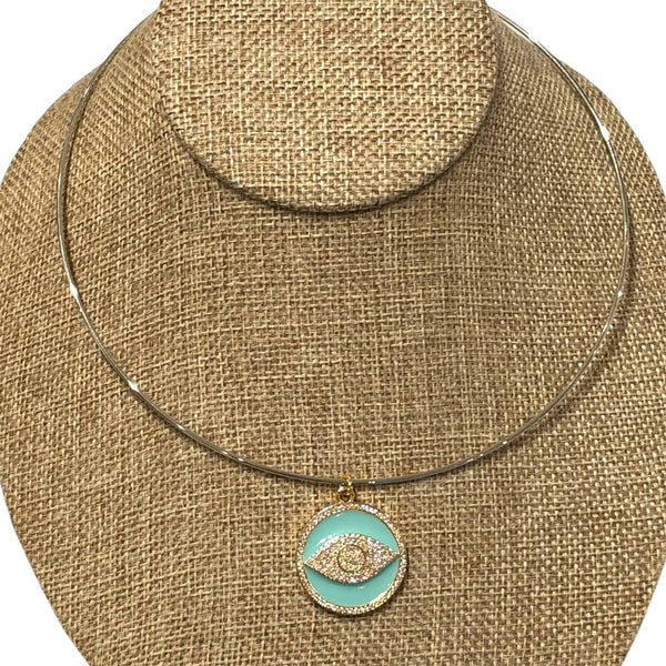 Gold CZ Light Green Enamel Evil Eye Round Coin Charm on Silver Wire Choker