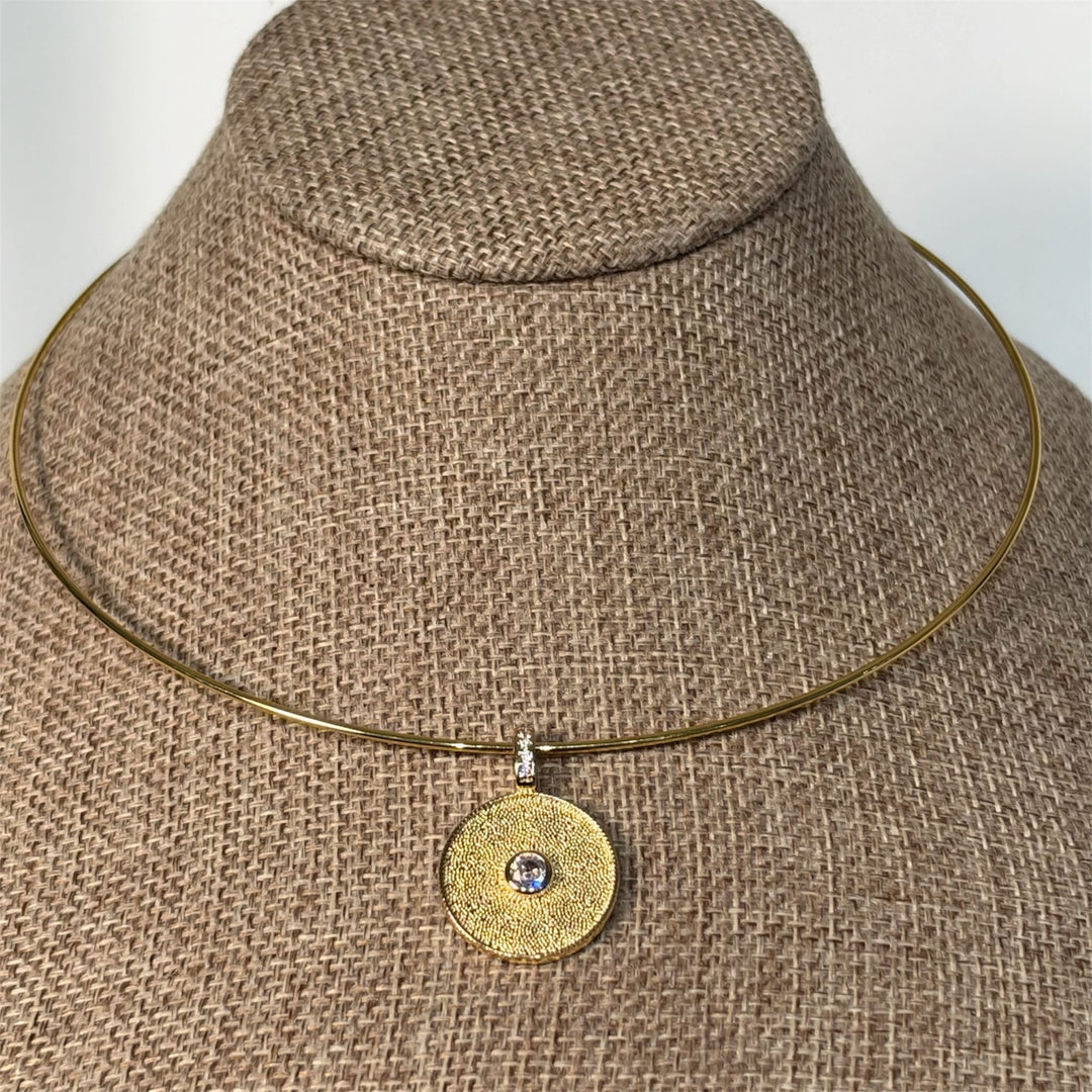 Gold Micro Pave On Round Coin Shape Pendant on Wire Choker