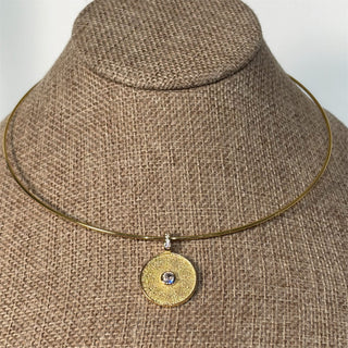 Gold Micro Pave On Round Coin Shape Pendant on Wire Choker