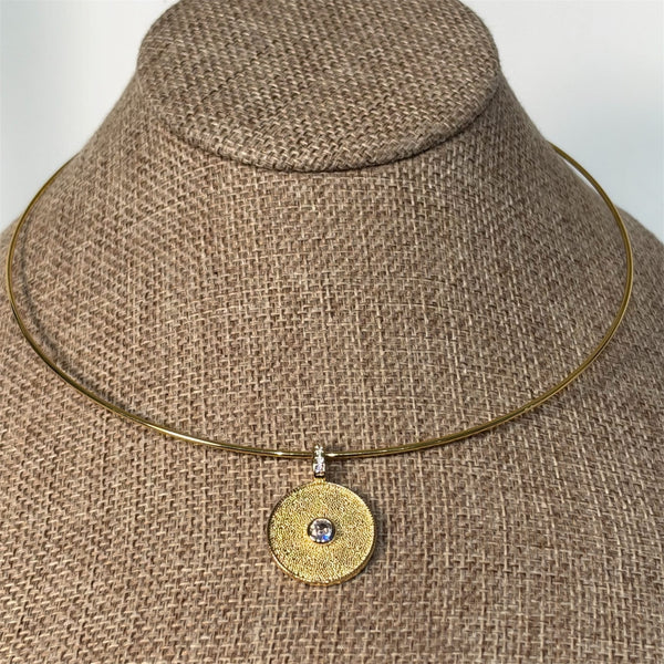 Gold Micro Pave On Round Coin Shape Pendant on Wire Choker