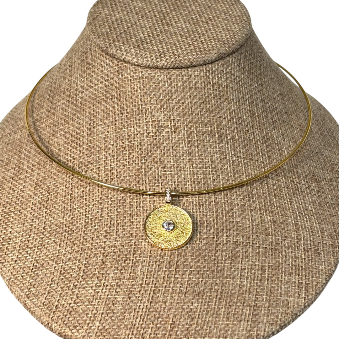 Gold Micro Pave On Round Coin Shape Pendant on Wire Choker