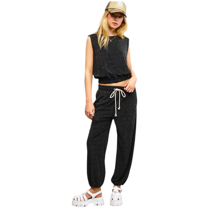 Black Terry Knit Tank and Jogger Sweatpants Matching Set