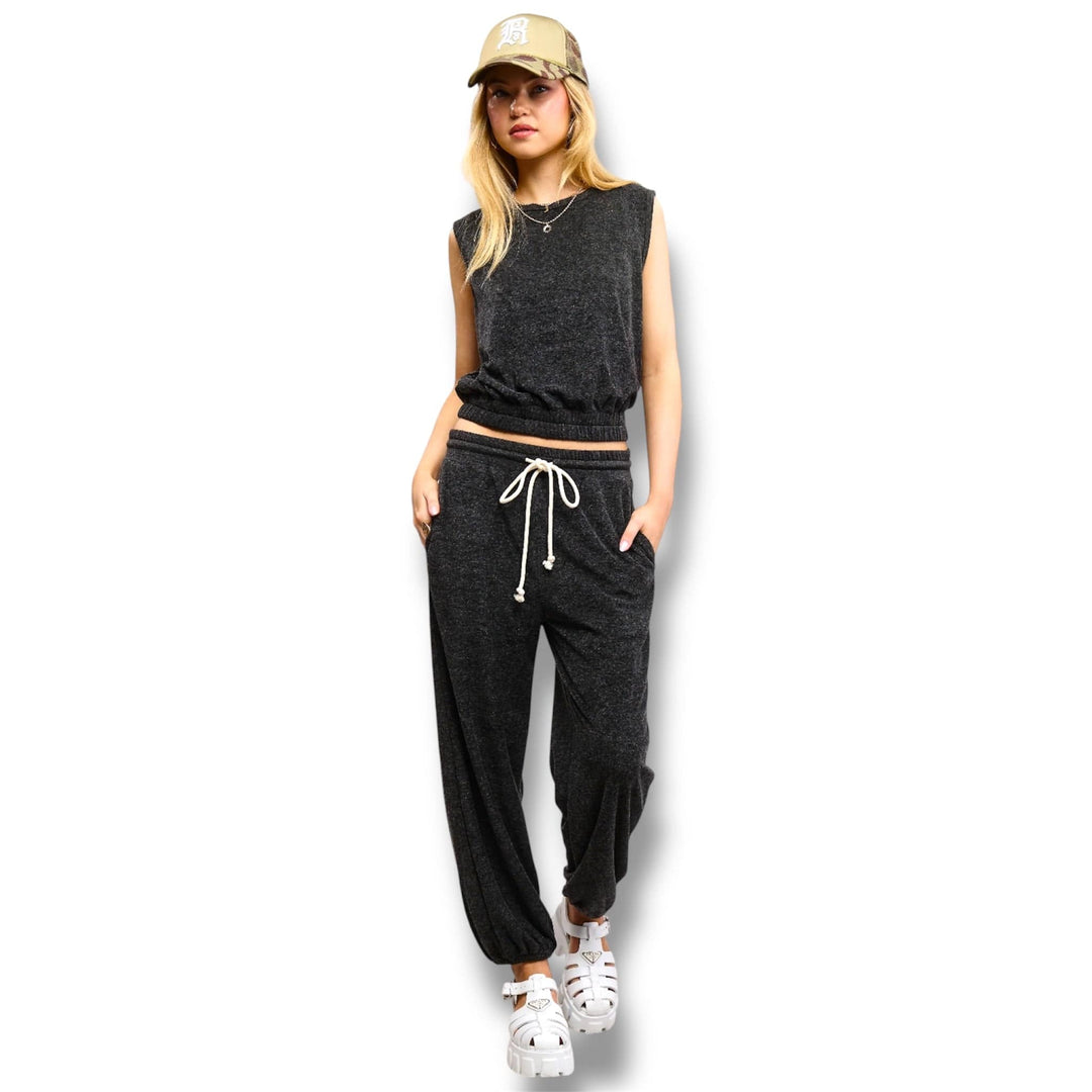 Black Terry Knit Tank and Jogger Sweatpants Matching Set