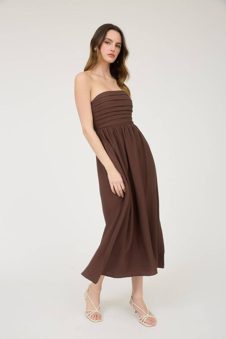 Brown Pleated Bodice Strapless Midi Dress