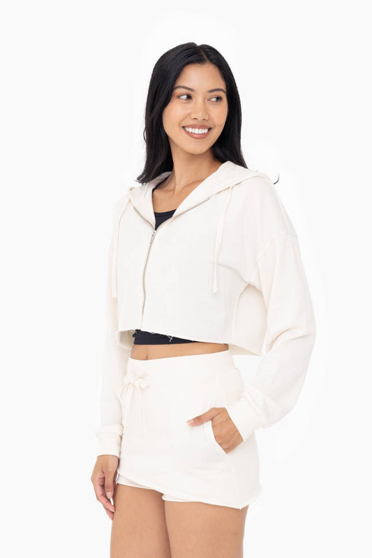 Natural Crop Hoodie Zip-Up French Terry Sweatshirt