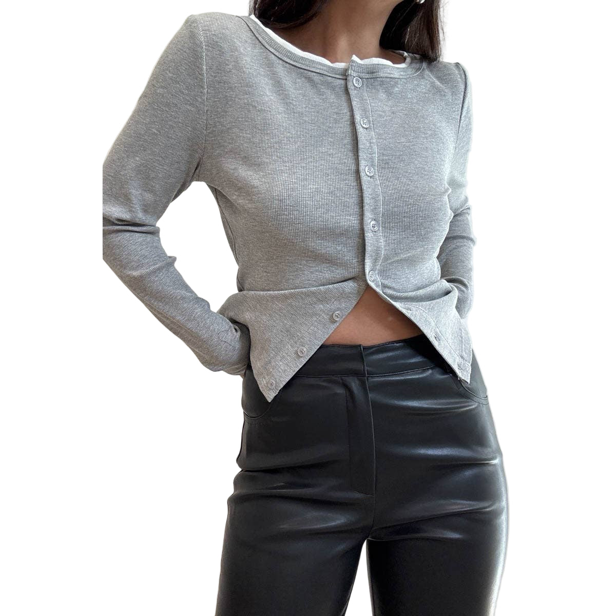 Grey and White Contrast Neck Edge Detail Cardigan
